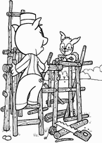 coloriage le petit cochon construit sa maison de bois